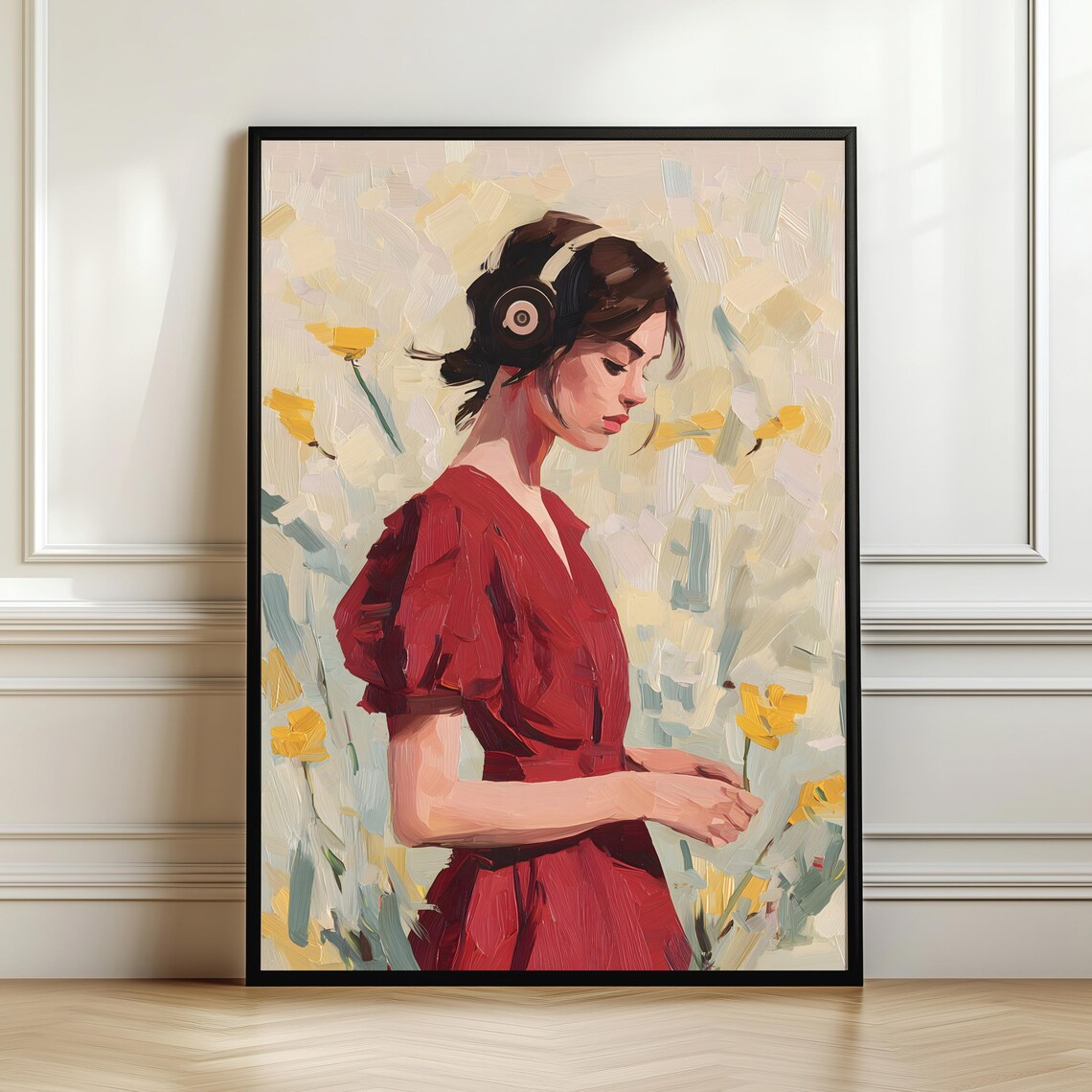 Woman With Headphones Art Print Modern Floral Decor Digital Download