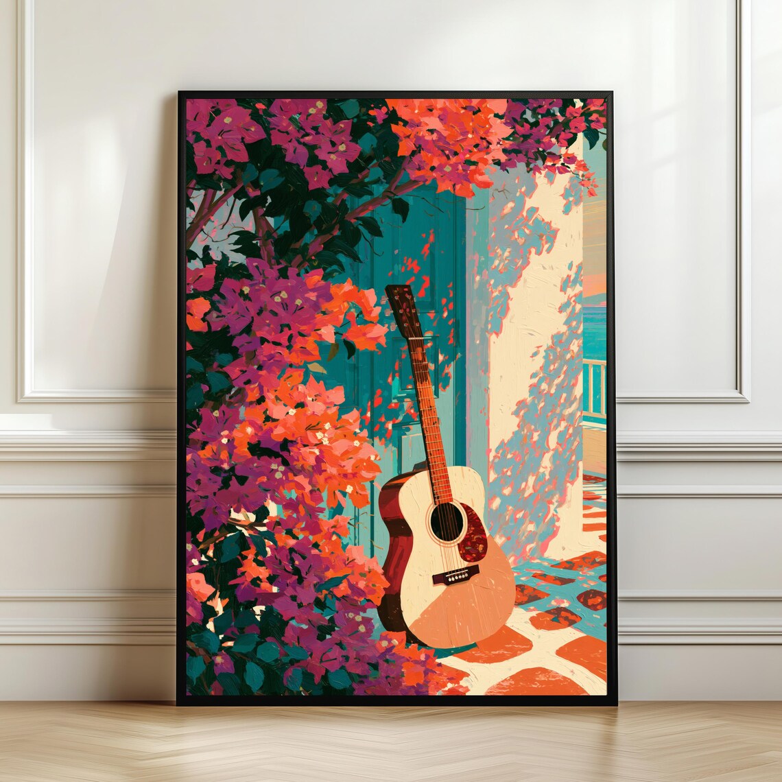 Mediterranean Guitar Poster, Coastal Music Print