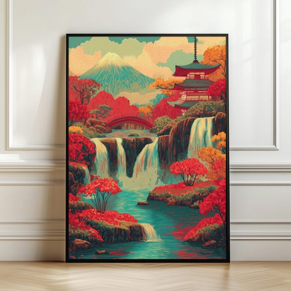 Japanese Landscape Wall Art Mount Fuji Pagoda Print Colorful Nature Poster Red Bridge Artwork Vibrant Asian Decor Digital Download