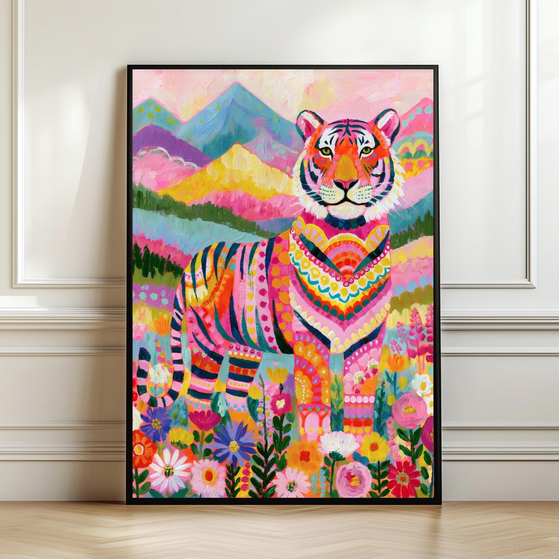 Tiger Wall Art Print, Floral Mountain Landscape