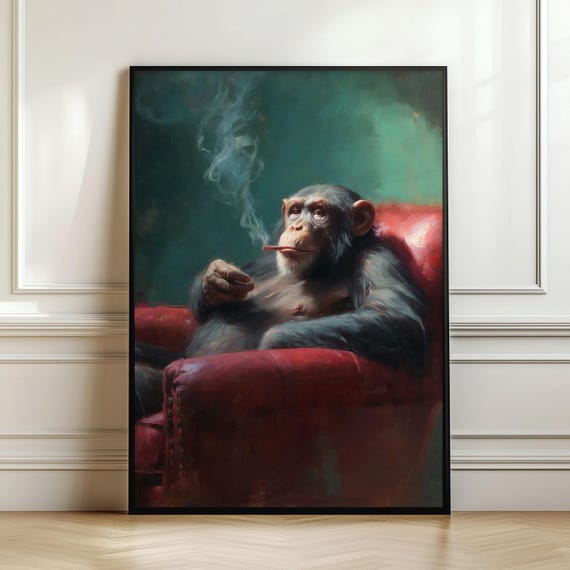 Cool Monkey Wall Art Print Smoking Chimp Poster Funny Animal Decor Red Leather Armchair Artwork Moody Lounge Painting Digital Download