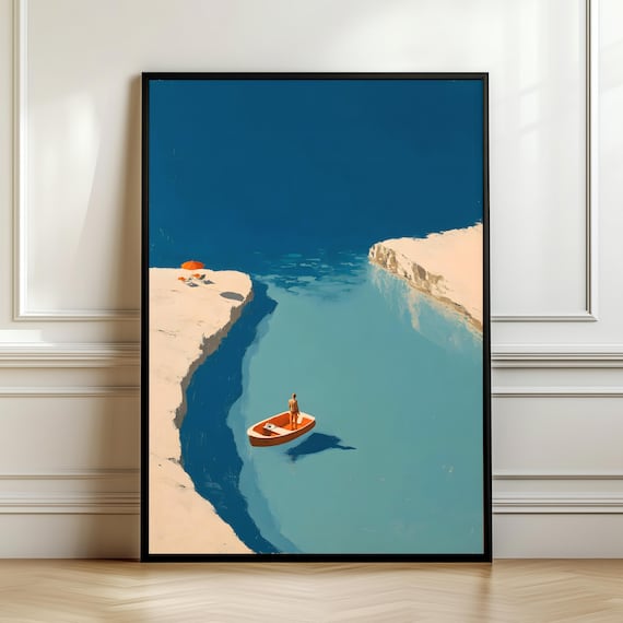 Lone Orange Boat Drifting Minimalist Turquoise Sea Cliffs Poster