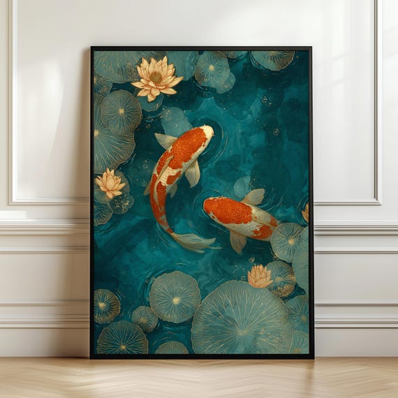 Koi Fish Wall Art Print, Japanese Zen Pond