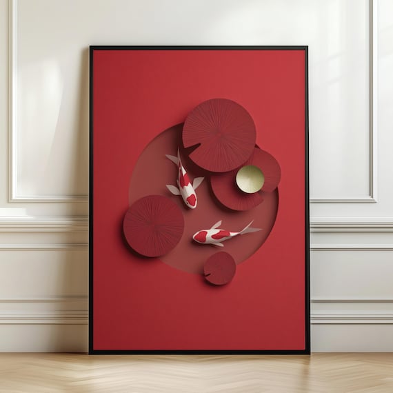 Koi Fish Pond Art Print, Minimalist Zen Decor