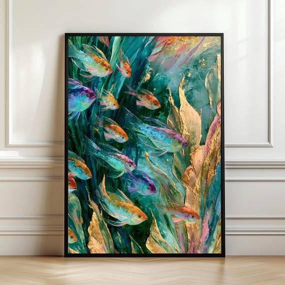 Luxury Tropical Fish Wall Art Modern Aquarium Decor Teal Gold Marine Life Print Coastal Ocean Artwork Lover Gift Digital Download