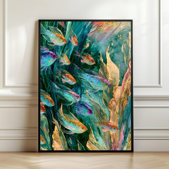 Rainbow Fish School Swirling Golden Seaweed Teal Ocean Poster