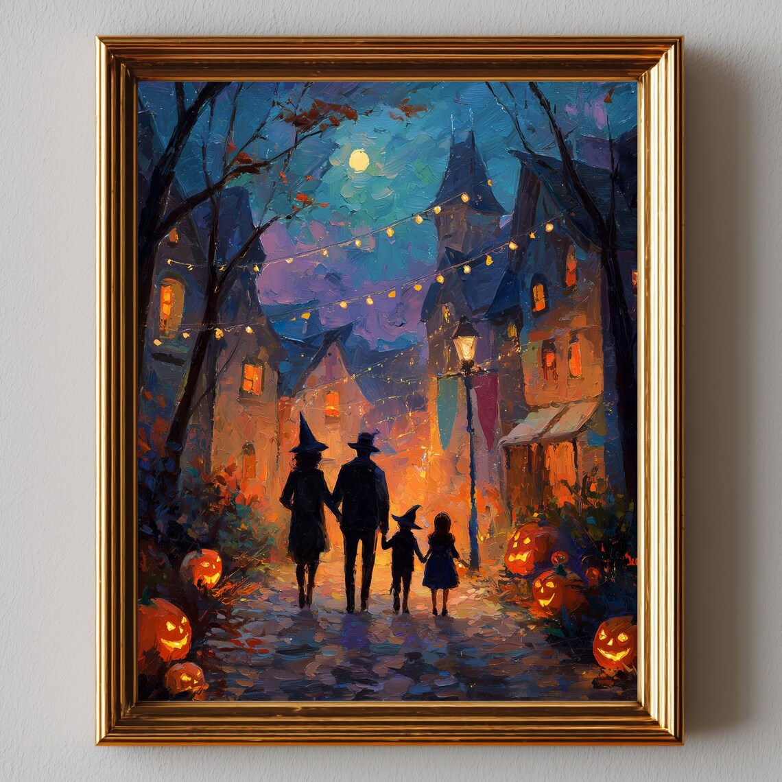 Halloween Night Village Street Family Oil Painting Spooky Poster