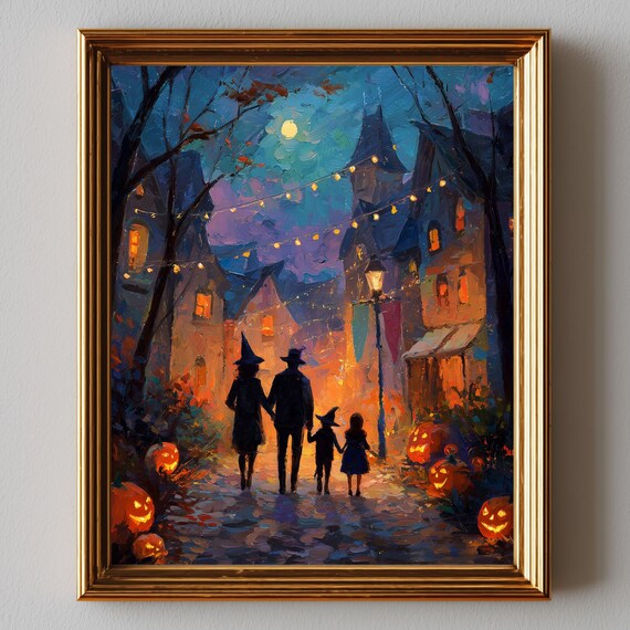 Halloween Street Parade Art Print Spooky Autumn Night Painting Whimsical Festive Scene Wall Decor Vintage Style 66