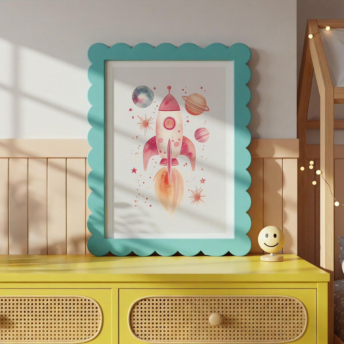 Pink Watercolor Rocket Ship Planets and Stars Kids Space Poster