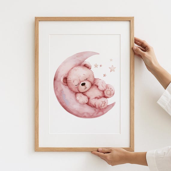 Sleeping Teddy Bear Print Pink Moon Stars Watercolor Nursery Art