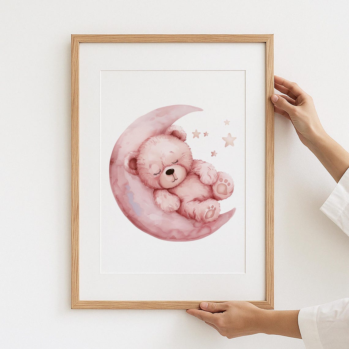 Sleeping Teddy Bear Print Pink Moon Stars Watercolor Nursery Art