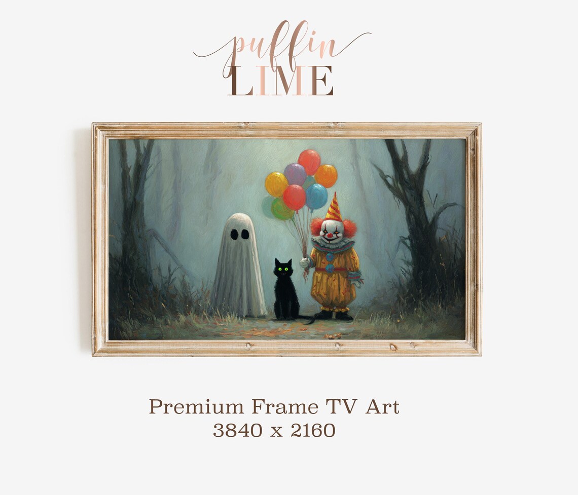 Halloween Ghost Black Cat Creepy Clown Balloons Spooky Night Poster