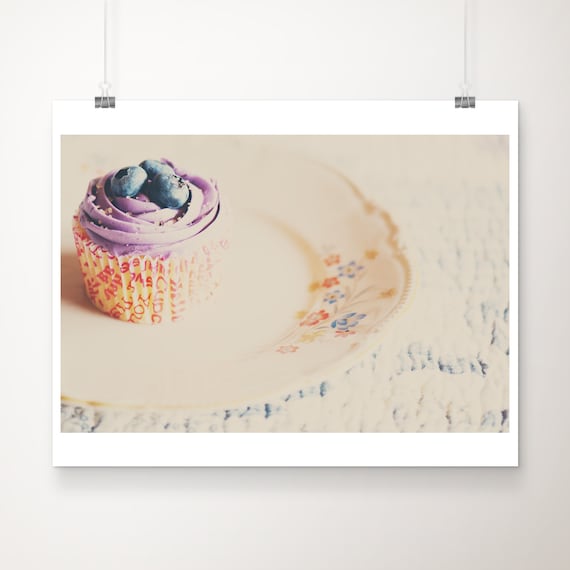 Blueberry Cupcake with Purple Frosting on Floral Plate Print