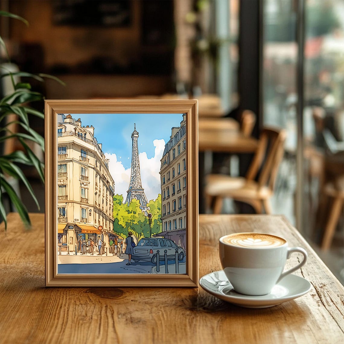 Sunny Paris Street Scene With Eiffel Tower Over Cafes Poster - Image 2