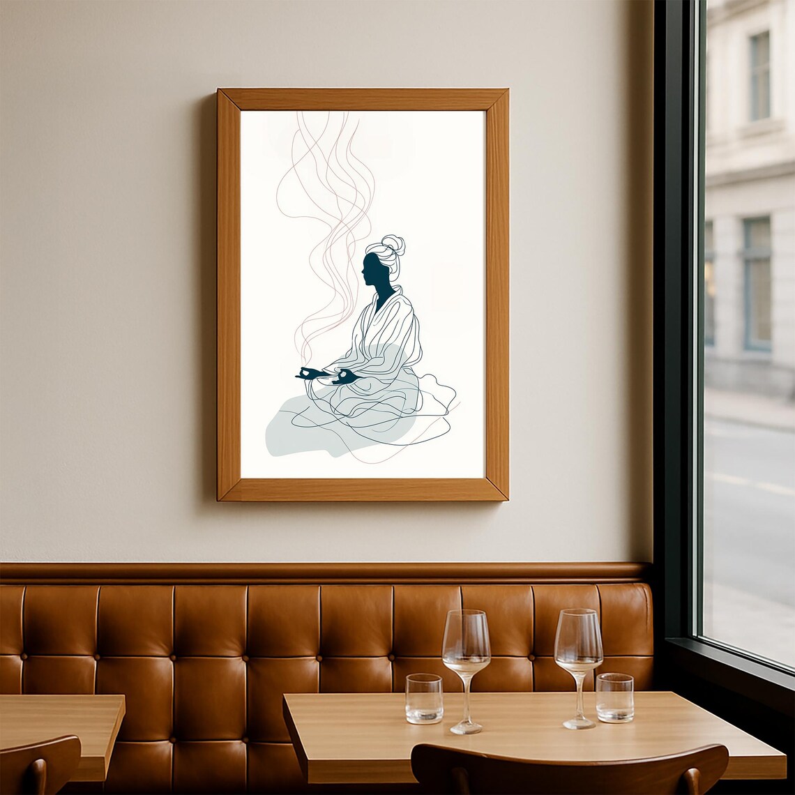 Line Art Meditating Woman Incense Smoke Yoga Mindfulness Poster - Image 2