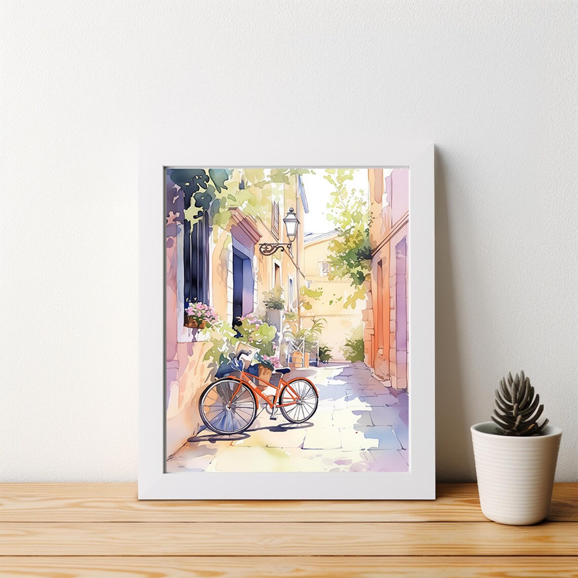 Red Bicycle Sunny Mediterranean Alley Flower Watercolor Poster - Image 6