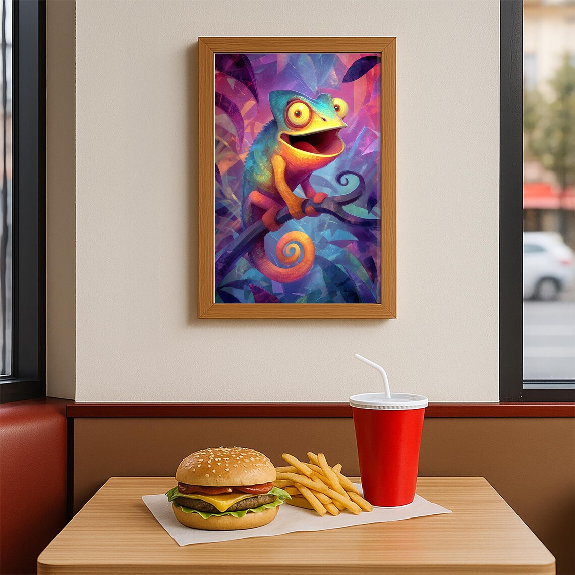 Playful Smiling Chameleon Neon Jungle Cartoon Animal Art Poster - Image 3