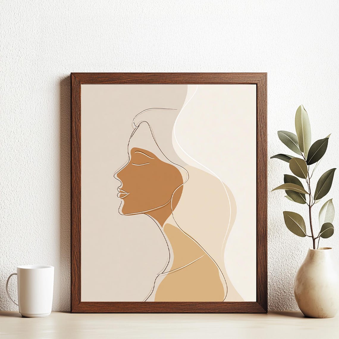 Boho Minimalist Woman Profile Line Art Neutral Tones Decor Poster