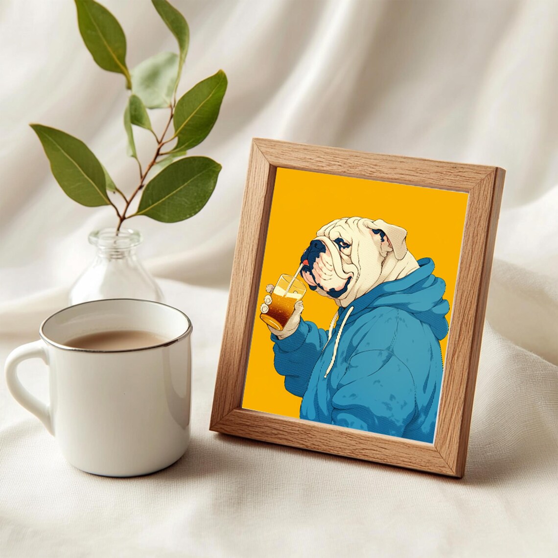 English Bulldog Drinking Iced Coffee Blue Hoodie Funny Pop Art Poster - Image 5
