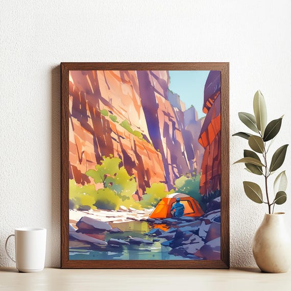 Traveler In Great Canyon Landscape Scenery Art Print Wall Deco Watercolor Poster