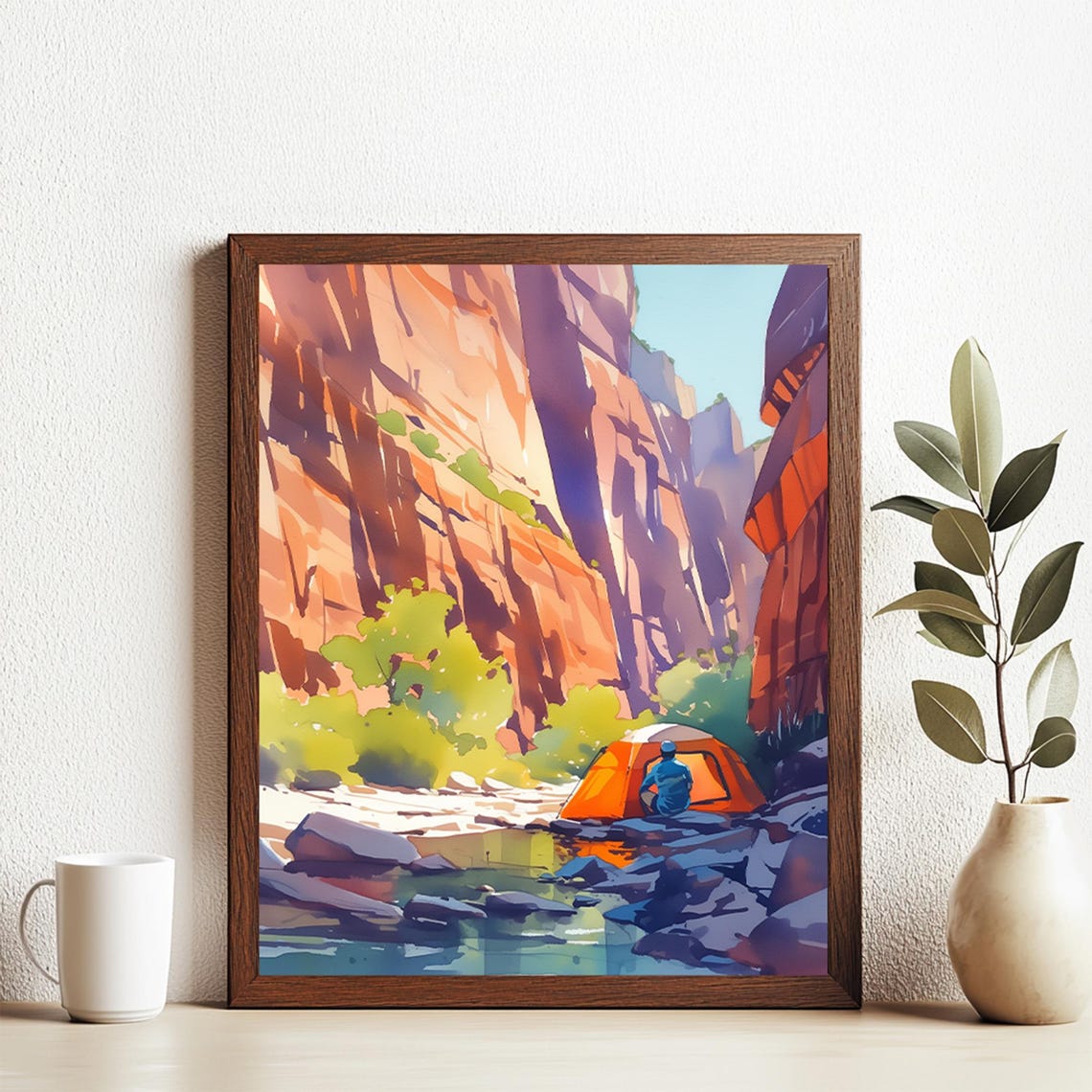 Red Rock Canyon Tent Camper by the Stream Watercolor Scene Poster