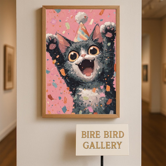 Excited Party Cat Pink Confetti Funny Animal Birthday Art Poster
