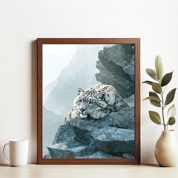 Snow Leopard Wall Art Endangered Animal Poster Mountain Wildlife Big Cat Illustration Arctic Nature Decor