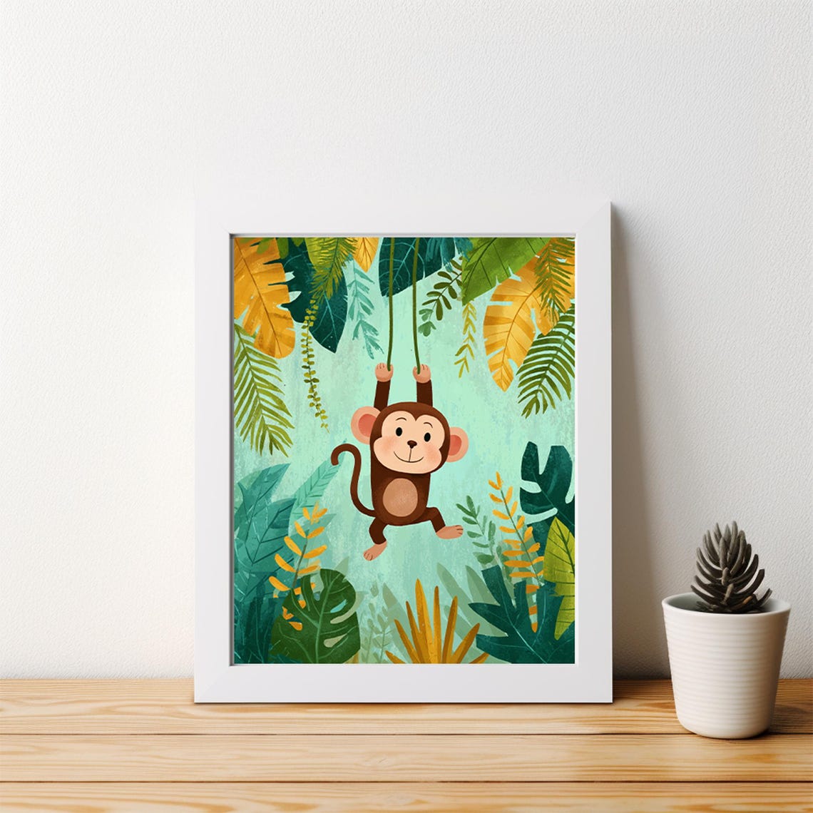Cute Cartoon Monkey Swinging in a Tropical Jungle Nursery Poster - Image 4