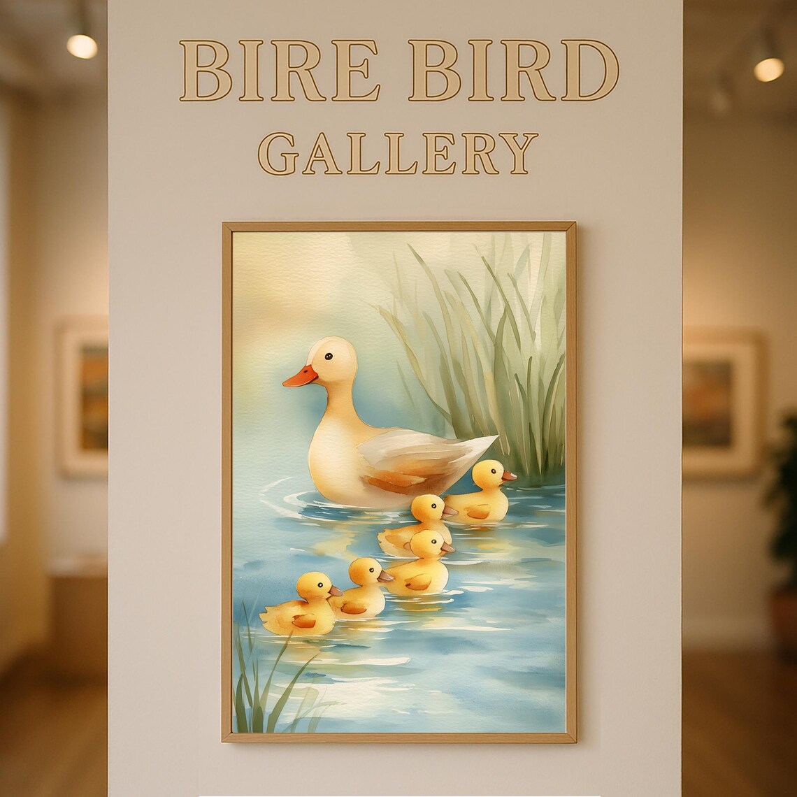 Mother Duck With Five Ducklings Swimming Watercolor Cute Nursery Poster