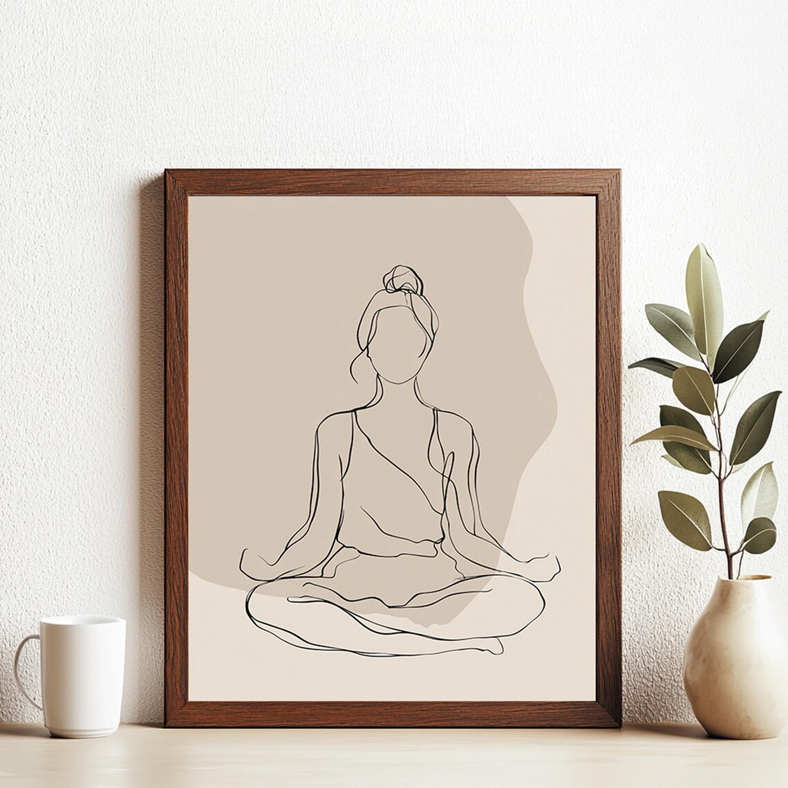Minimalist Yoga Woman Line Art Meditation Neutral Beige Poster