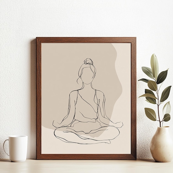 Minimalist Yoga Woman Line Art Meditation Neutral Beige Poster