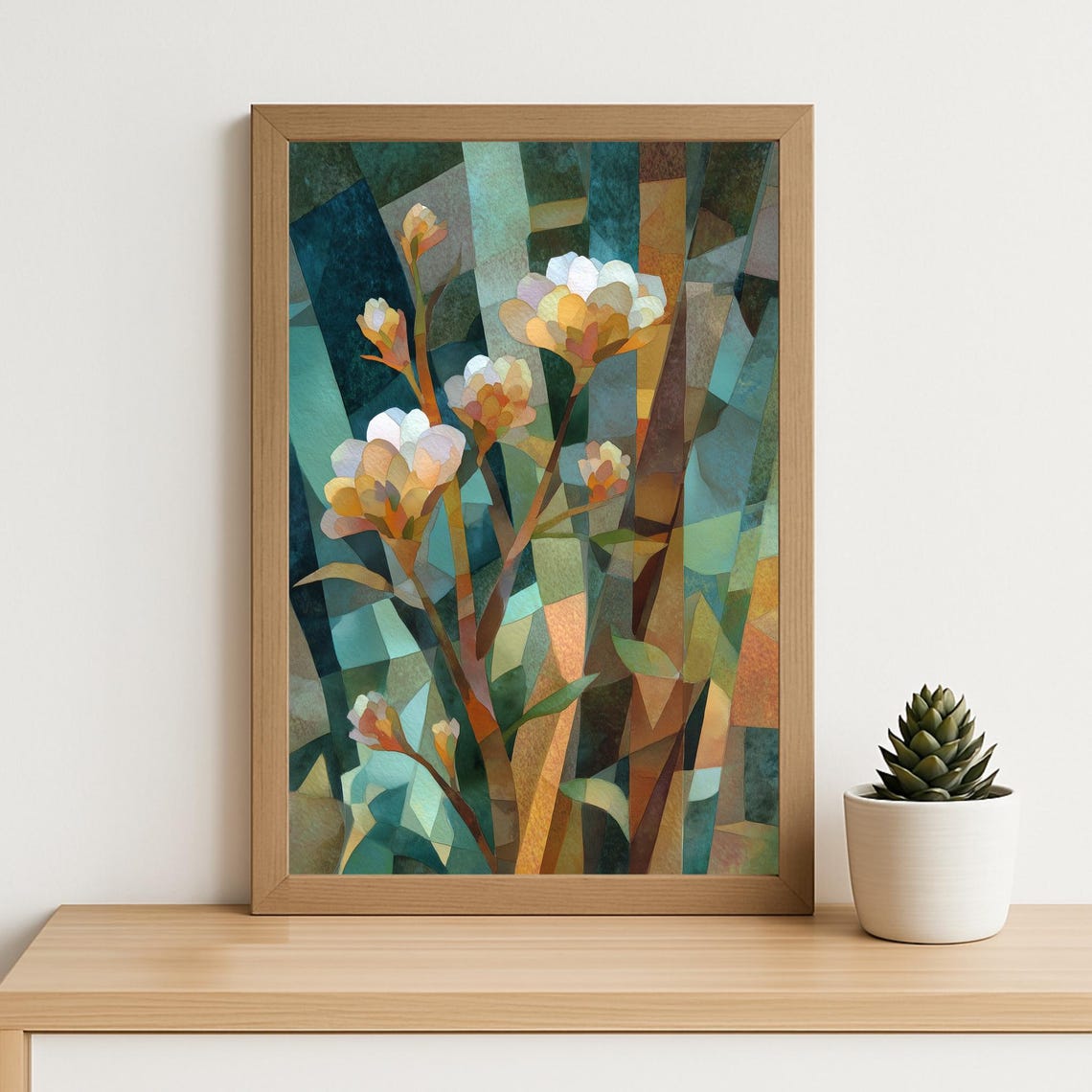 Geometric Floral Mosaic Abstract Botanical Earthy Tones Wall Art