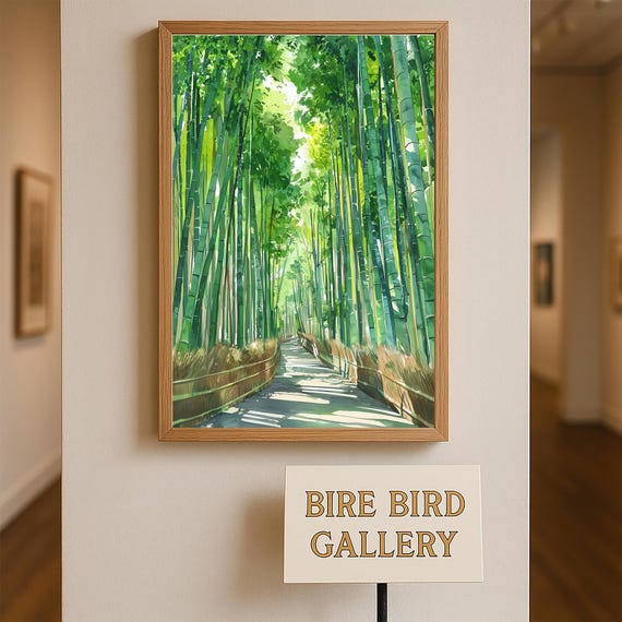 Bamboo Forest Path Wall Art Print Serene Japanese Kyoto Arashiyama Nature Watercolor Landscape Zen Home Decor