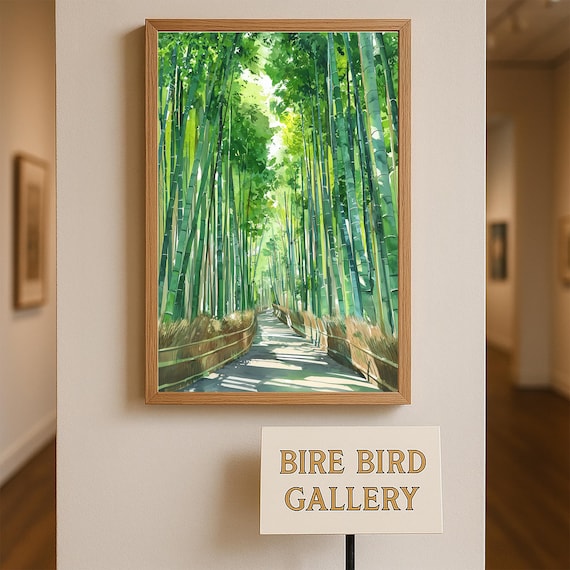 Serene Sunlit Bamboo Forest Path Watercolor Kyoto Japan Poster