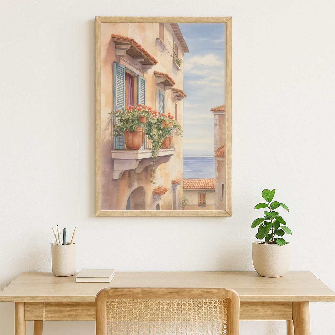 Mediterranean Balcony With Geranium Pots Blue Shutters Sea View Poster - Image 3