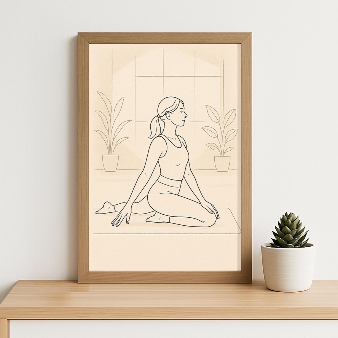 Minimalist Yoga Line Art Woman Pigeon Pose Beige Serene Poster