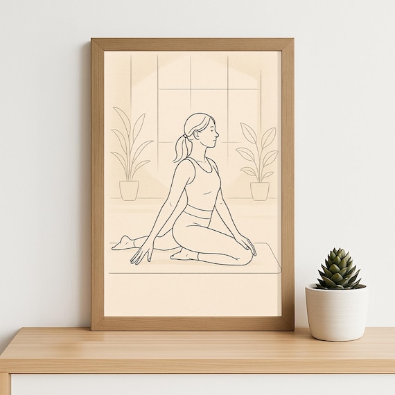 Minimalist Yoga Line Art Woman Pigeon Pose Beige Serene Poster