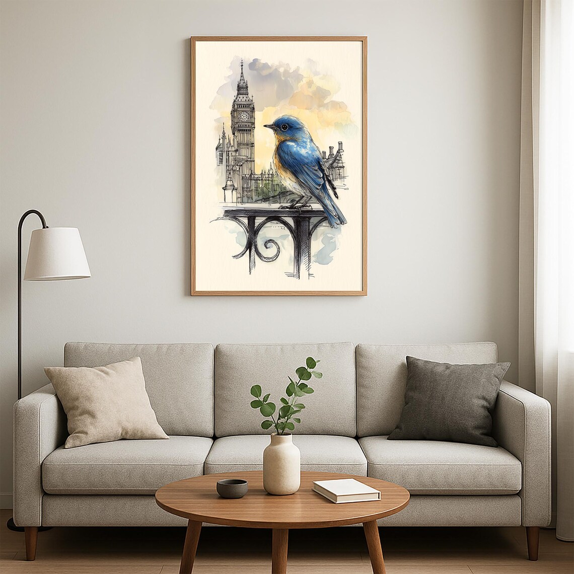 Sweet Bluebird Big Ben London Skyline Bird Watercolor Poster - Image 3