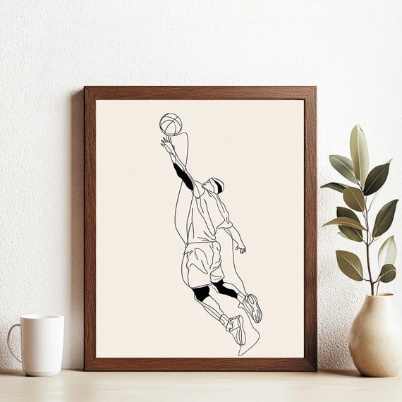 Basketball Line Art Drawing Minimalist Sports Wall Athletic Man Modern Decor For Room Or Gym