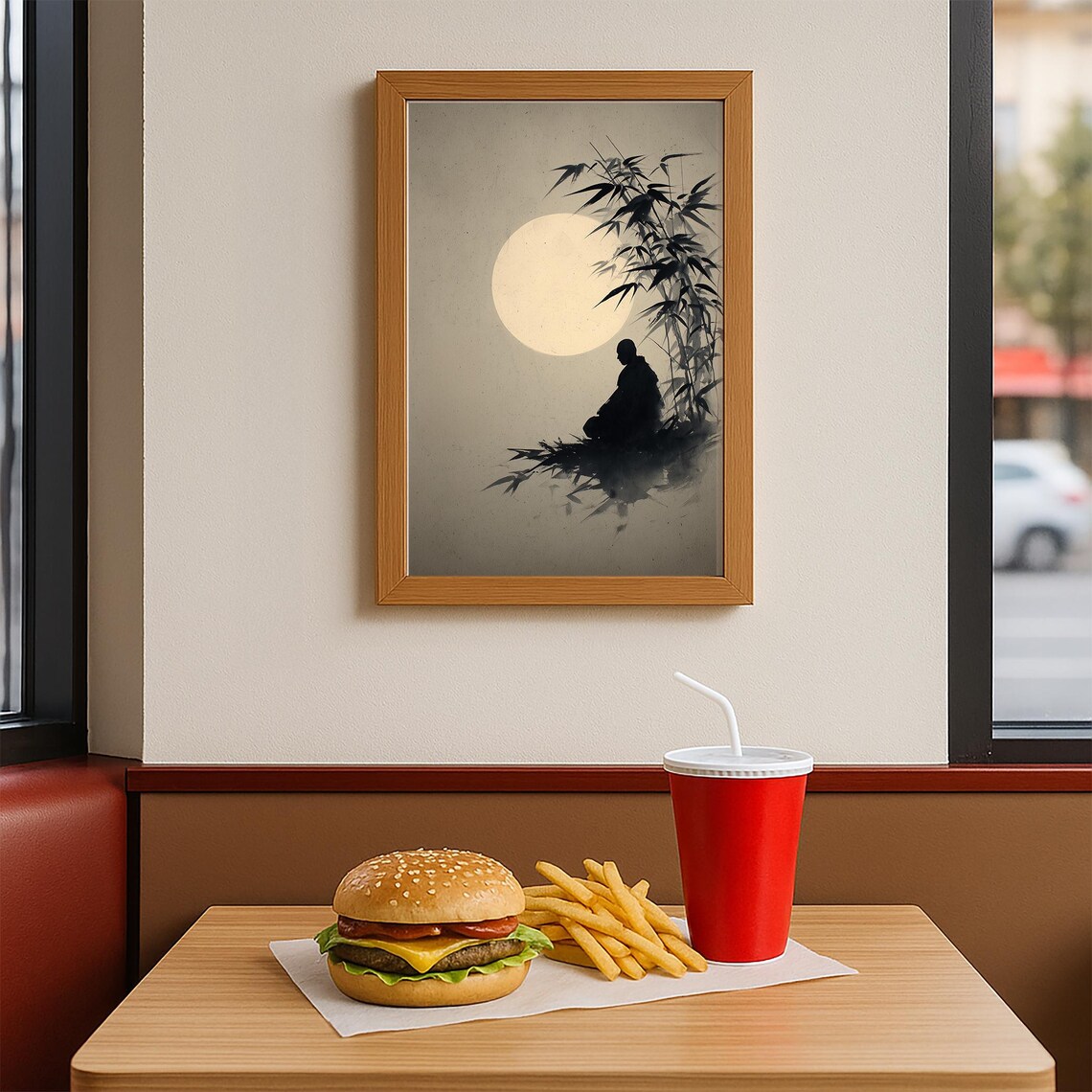 Zen Monk Bamboo Moon Japanese Ink Wash Poster - Image 4