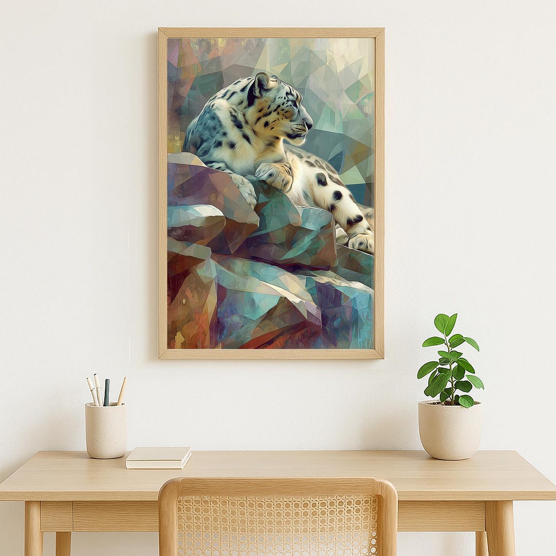 Geometric Snow Leopard Wall Art Modern Animal Illustration With Polygonal Abstract Background Bold Wildlife For Home Decor - Image 4