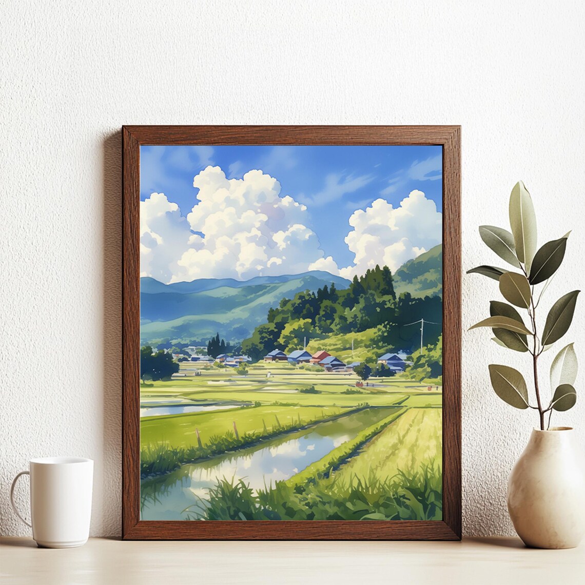 Japanese Countryside Rice Paddies Watercolor Village Mountain Poster