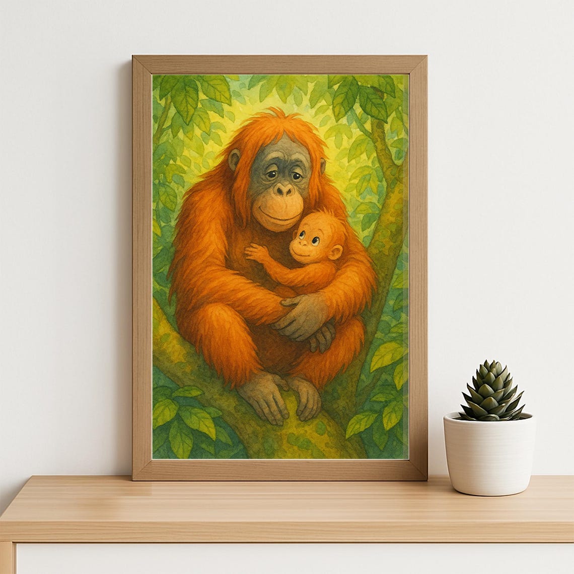Orangutan Mother And Baby Watercolor Print Wholesome Jungle Animal Art Tropical Wildlife Nursery Wall Decor Forest Family Illustration