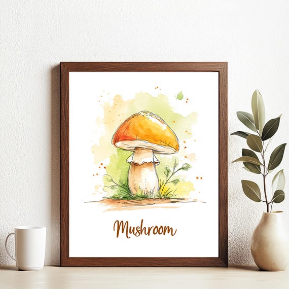 Mushroom Art Print Wall Deco Watercolor Design Vegetable Poster