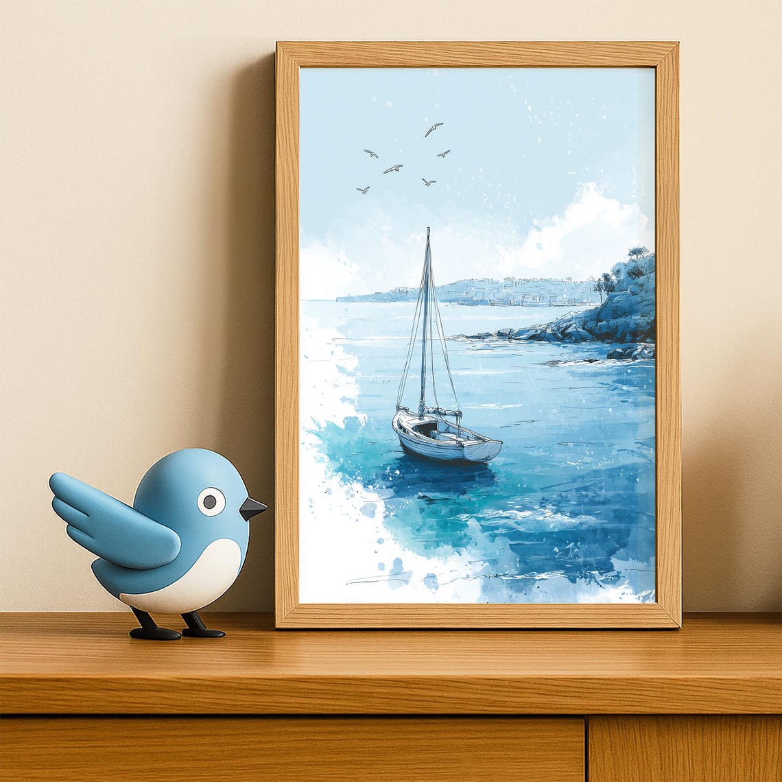 Lone Sailboat Sparkling Blue Ocean Waves Watercolor Art Poster - Image 4