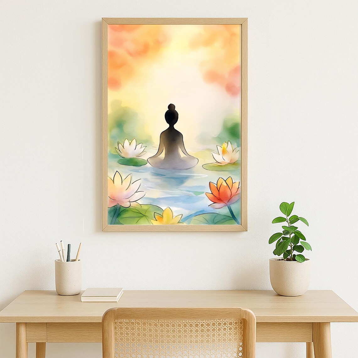 Zen Meditation Lotus Pond Watercolor Peaceful Sunrise Floral Poster - Image 4