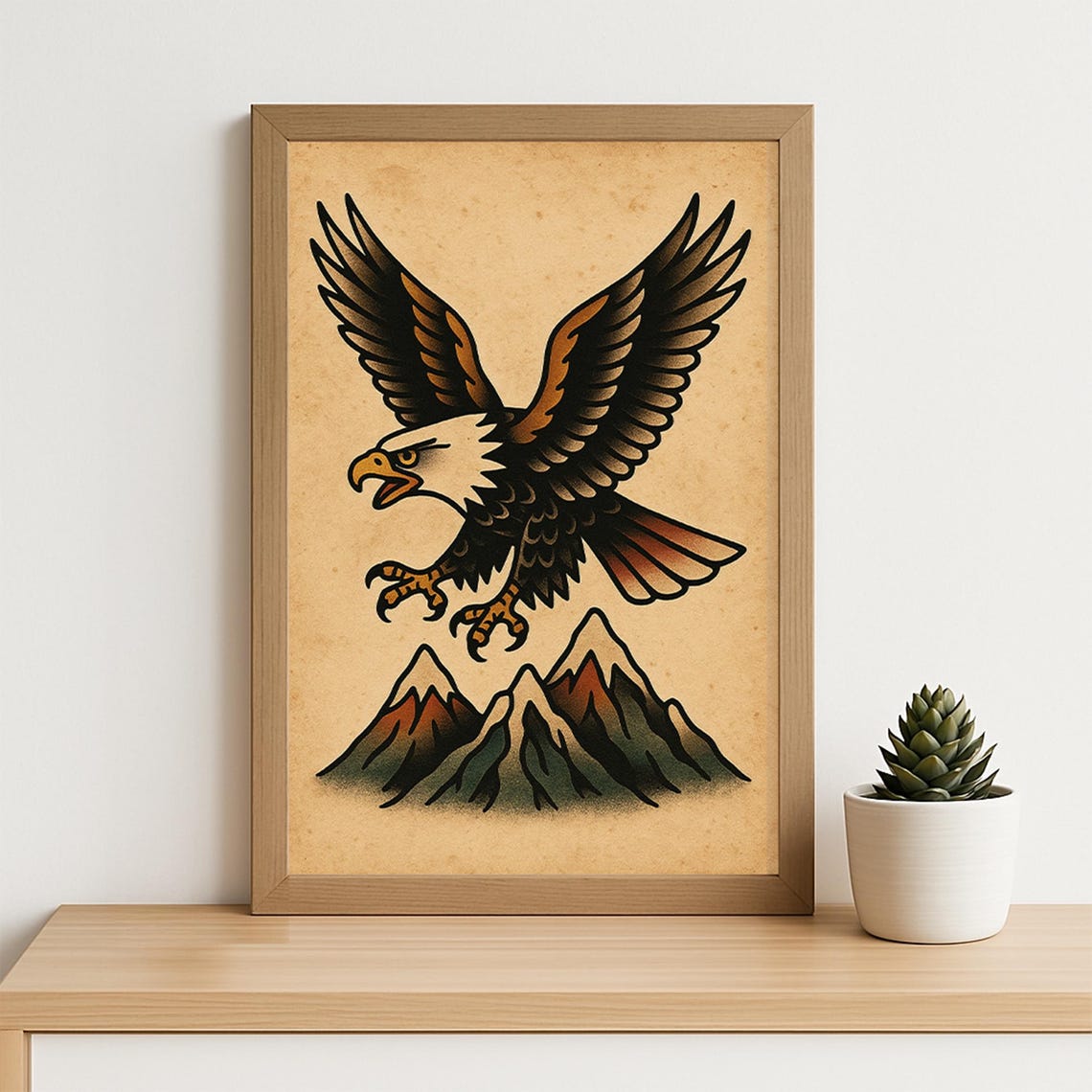 Bald Eagle Tattoo Flash Art Print Soaring Vintage Mountain Bird Design