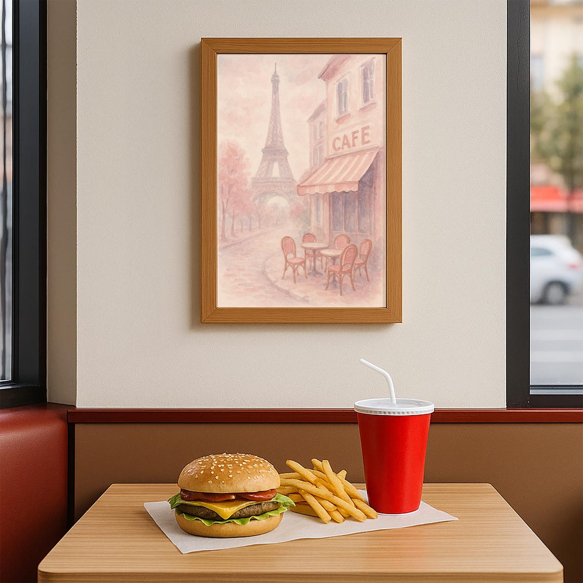 Paris Cafe With Eiffel Tower Romantic Pink Watercolor French Poster - Image 4