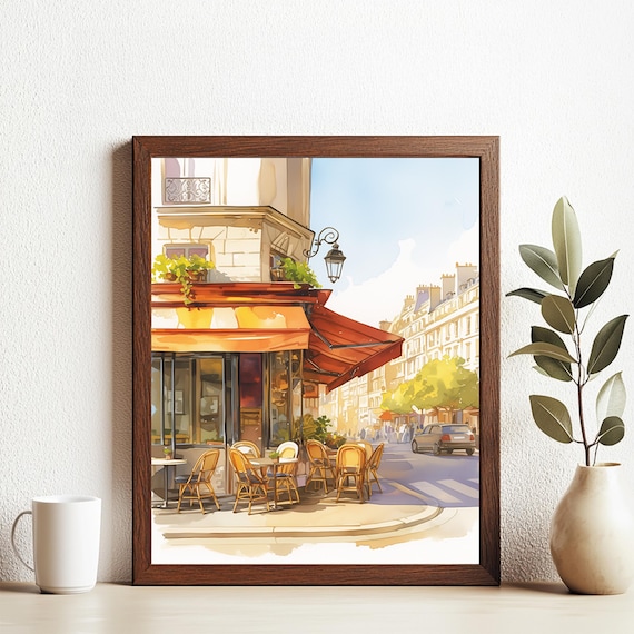 Parisian Street Cafe Watercolor Red Awning Corner Scene Poster