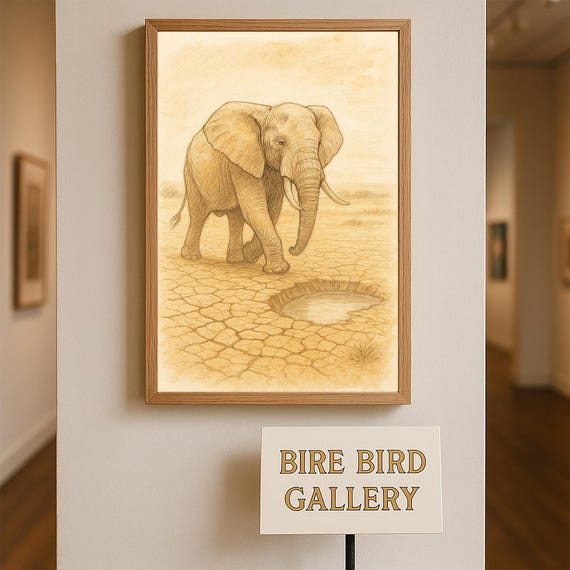 Thirst And Hope African Elephant Searching For Water In Drought Land Sepia Pencil Wildlife Drawing Environmental Awareness Wall Art